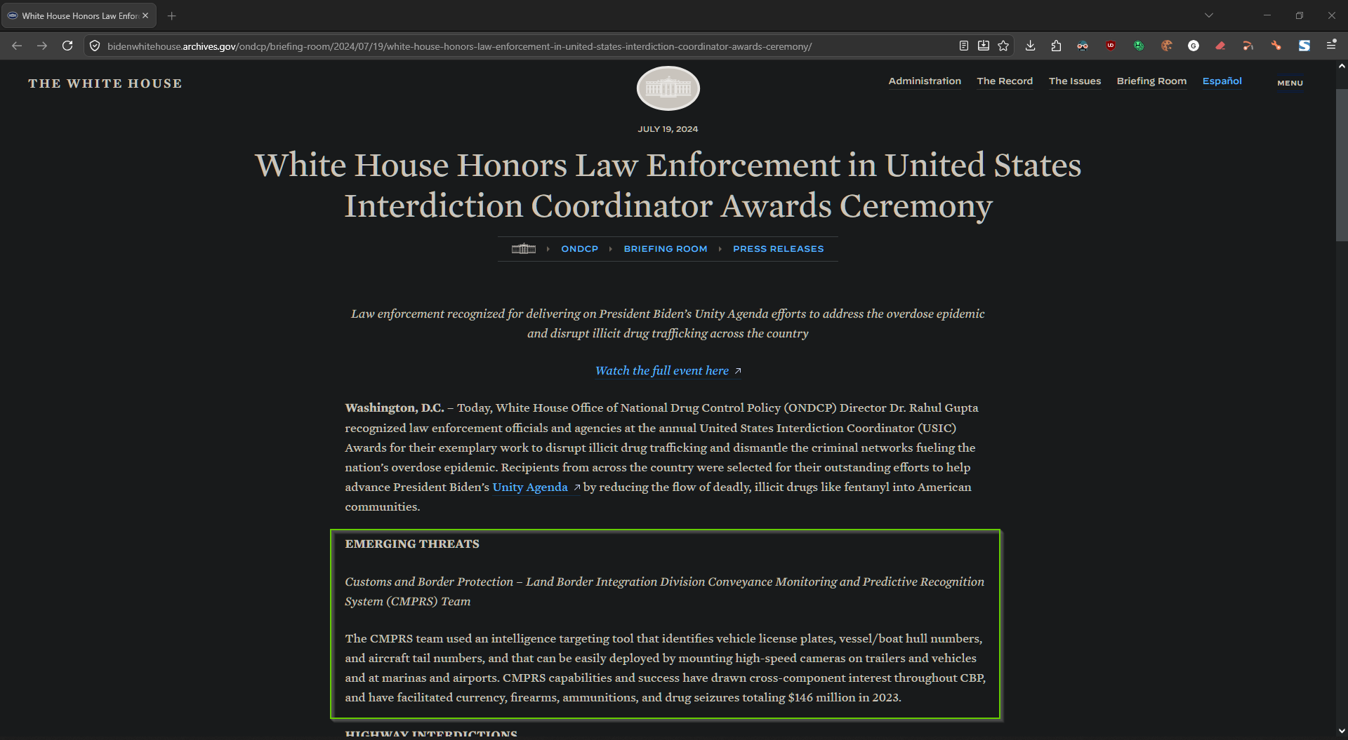 United States Interdiction Coordinator Award for Emerging Threats 2023