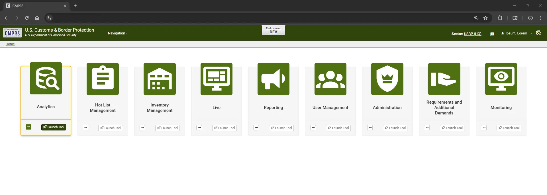 CMPRS application homepage with tool launcher tiles