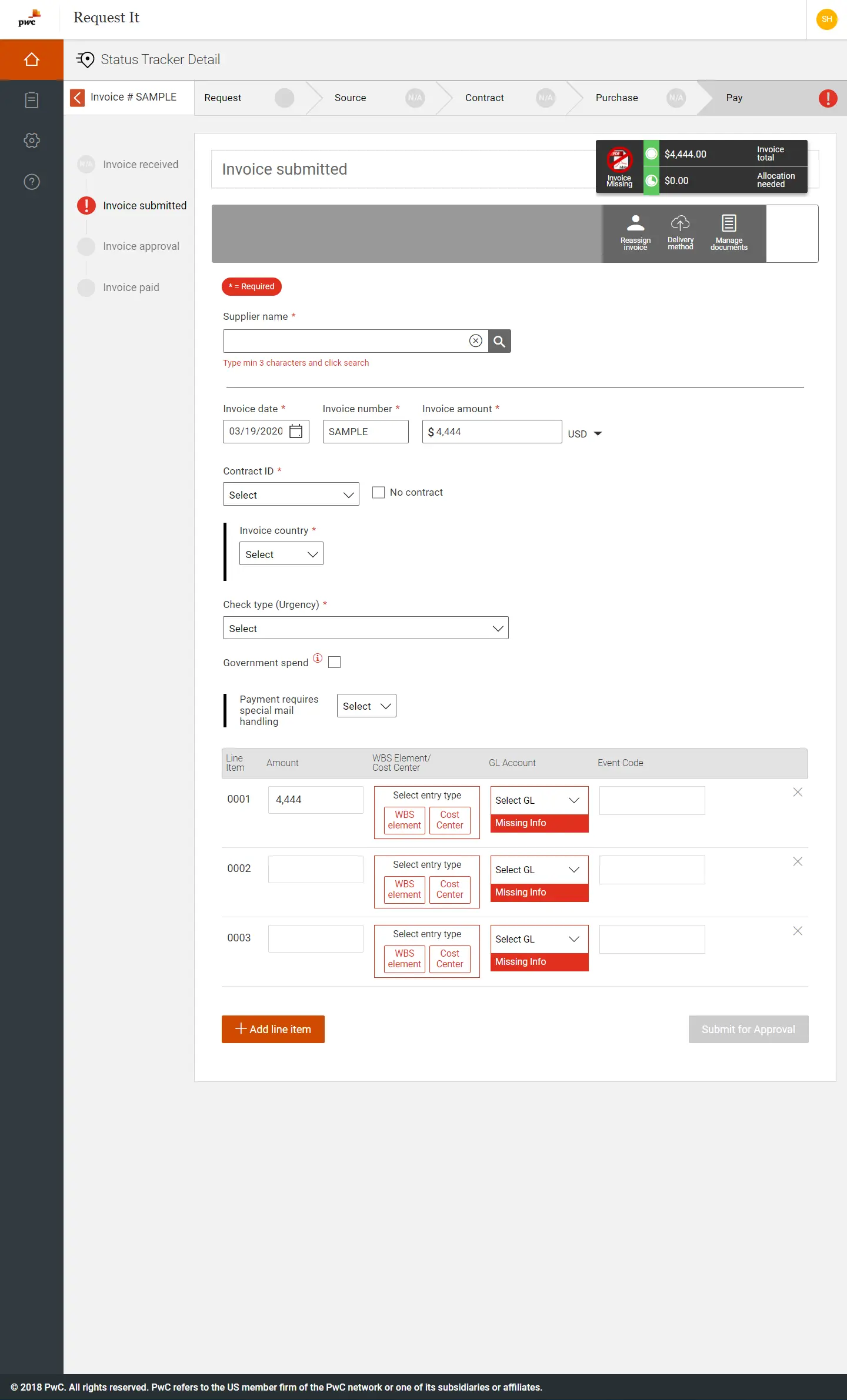 PricewaterhouseCoopers Request to Pay invoice submission status tracker detail screenshot
