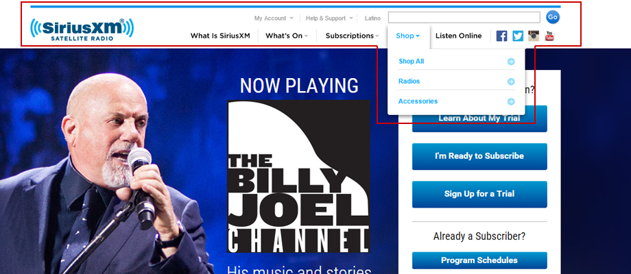 SiriusXM site navigation screenshot